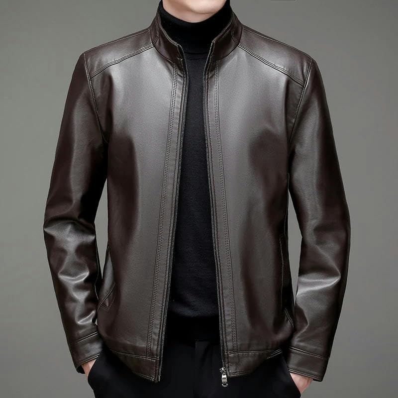 Men's Business Gentleman British Windproof Casual Stand Collar Leather Jacket4
