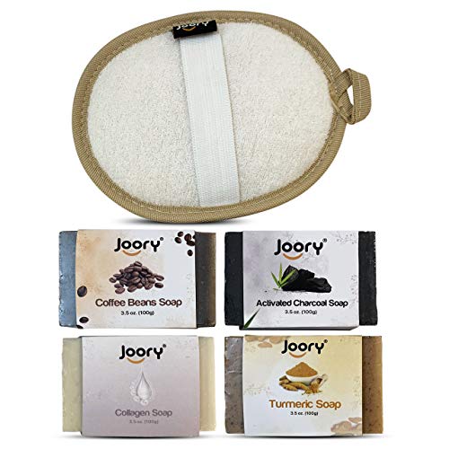 JOORY Natural Moisturizing Soaps for Women and Men  4 Bath Soaps with Exfoliating Egyptian Loofah Body Scrubber  Vegan Friendly, Cold Pressed Charcoal, Coffee Beans, Turmeric and Collagen Soaps