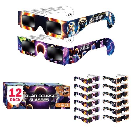 Galaxium Sonnenfinsternisbrillen Kinder 2026 | 12er-Pack Gemischte Tierdesigns | AAS-Zugelassen ISO 12312-2 | Sonnenfinsternisbrillen für Jungen & Mädchen