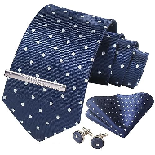 Image of Striped Plaid Polka Dot Mens Tie Formal Necktie Pocket Squares Ties Clips Cufflinks Classic for Men Set