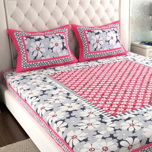 Image of UNIBLISS 100% Cotton Rajasthani Jaipuri Traditional Floral King Size Double Bed Bedsheet with 2 Pillow Covers - (Multicolor Bedsheets005)