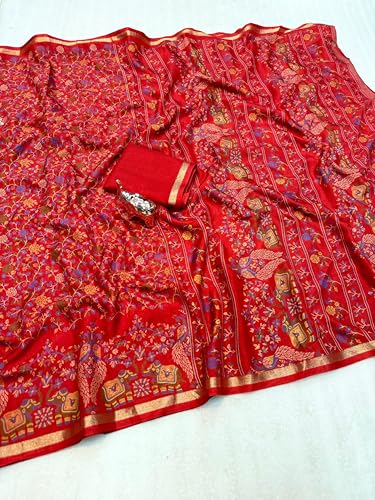 Image of Kalamkari Floral Prints Dola Silk Saree With Rich Zari Border Designer Pallu Attach Blouse Piece