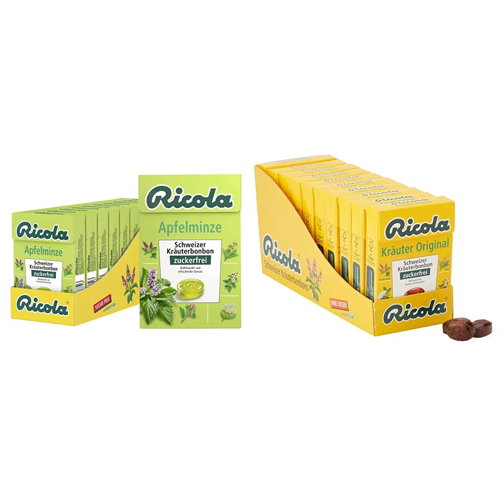 Ricola Apfelminze, Schweizer Kräuterbonbon, 10 x 50g Böxli, ohne Zucker, Wohltuend und erfrischender Genuss & Kräuter Original, Schweizer Kräuterbonbon, 10 x 50g Böxli
