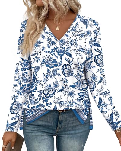 WIHOLL Women's Long Sleeve Shirts 2025 Trendy Early Fall Fashion Outfits Split Hem V Neck Fall Clothes