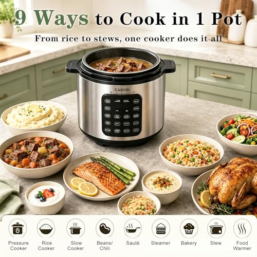 Image of CARORI 6 Qt Electric Pressure Cooker, 9-in-1 Multi-Cooker with IMD Touchscreen, 24H Delay Start, Nonstick Ceramic Pot, Rice Cooker, Slow Cooker, Steamer, Saute, Silver
