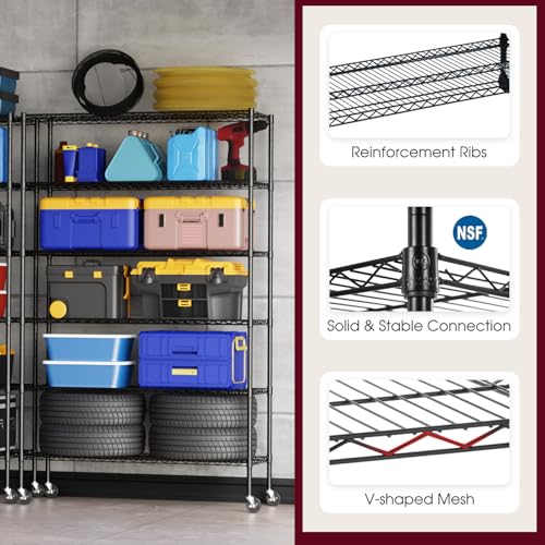 Image of BestOffice | 6-Tier Wire Storage Shelves with Wheels | 48x18x77 | Black | Adjustable Racks | Heavy-Duty Metal Shelf, Holds Upto 600 lbs | No-Tool Assembly | Ideal for Home & Garage Shelving