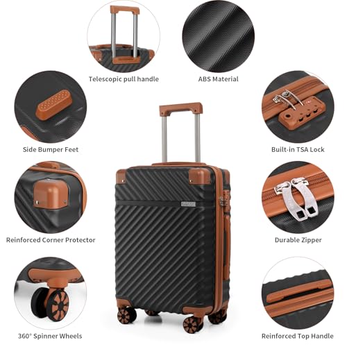 Image of Cosbarn Luggage Sets 5 Piece with TSA Lock Spinner Wheels, Unisex Hard Case ABS Suitcase Set, Hardshell Lightweight Waterproof Travel Hardside Suitcases with Wheels for Women Men, Black