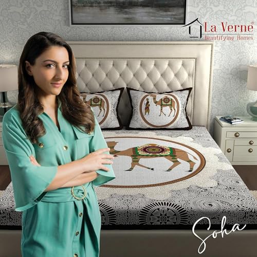 Image of LA VERNE 104 TC Cotton Double Bed Bedsheet Jaipuri Rajasthani Print Bedsheet with 2 Pillow Covers (Brown)