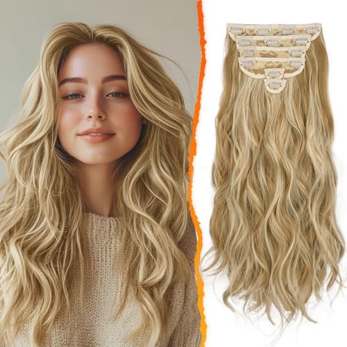 BARSDAR Clip en Extensiones de Cabello, 6 Piezas Ondulado Clips Extensión de Pelo para Mujer 50cm Rizado Natural Sintético Clip en Postizo Extensiones Cabello - Rubio Dorado con Reflejos