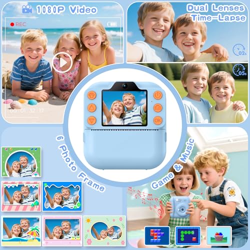 Image of Kids Instant Camera with 64GB SD Card, Portable Digital Camera Toy for Girls and Boys Ages 3-12, Toddler Christmas and Birthday Gift for 3 4 5 6 7 8 9 10 Year Old Kids (Blue)