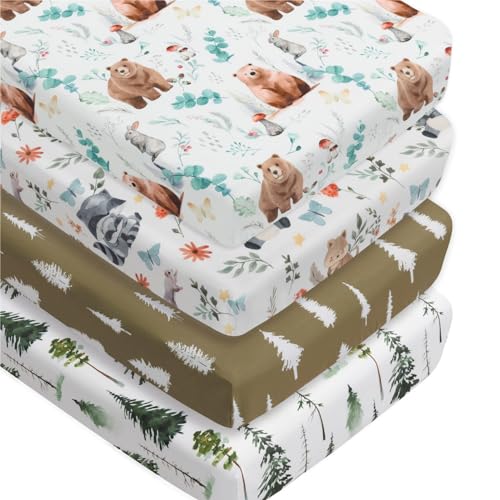 Image of 4 Pack Woodland Forest Animals Wood Neutral Unisex Fitted Baby Crib Sheets Set for Baby Boys or Girls (Cartoon Beer, 52 * 28)