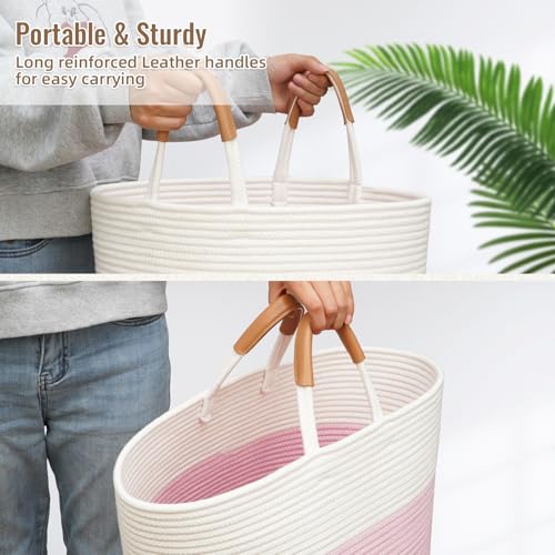 Image of Large Laundry Basket, Laundry Hamper with Leather Handles, 90L Woven Dirty Clothes Hamper, Rope Hampers for Bedroom, Barthroom, Pink