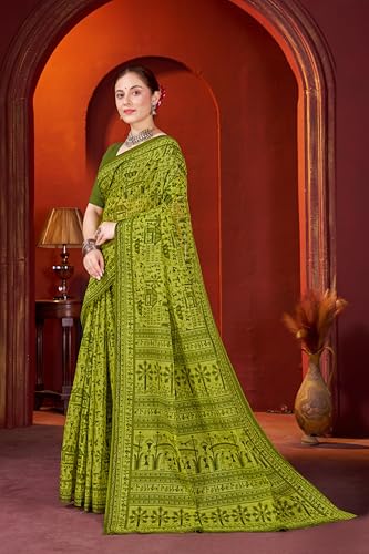 Image of TAMAIRA FASHION Off White Mulmul Pure Cotton Saree For Woman Warli Printed|Office Wear Daily Wear Sarees For Women Without Blouse Piece (Available in 21 Colours)