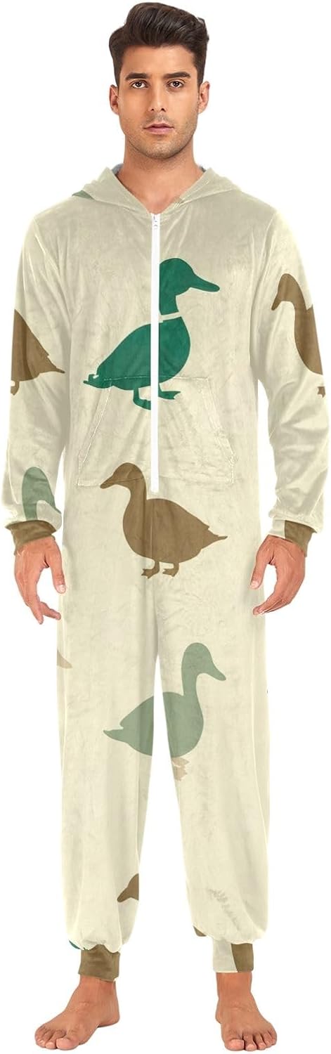 Cute Ducks Beige Adult Onesie Pajamas, Soft Hooded One Piece Sleepwear for Men Women Christmas Loungewear