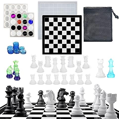 Chess Sets Resin Silicone Mold, Upgrade 3D 16 Pieces Chess Checkers & Board Game Mold for Resin Casting Full Size with Storage Bag, Chess Crystal Epoxy Molds for Kid Adult Family to DIY Art Crafts Cover