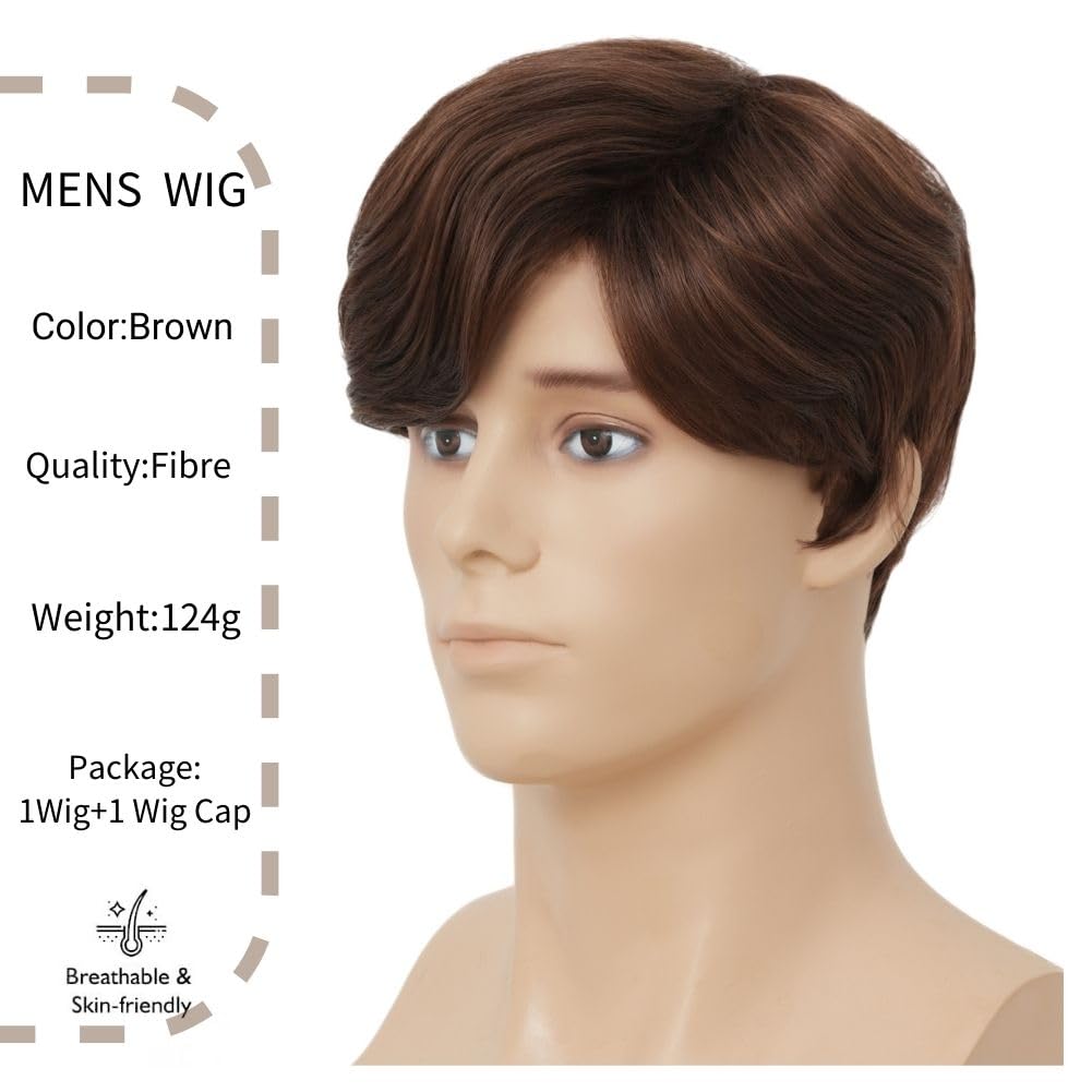 Salaibs Mens Short Brown Wigs Synthetic Side Part Natural Hair Wigs for Male Guy Daily Party Cap Wig (Brown) - Image 3
