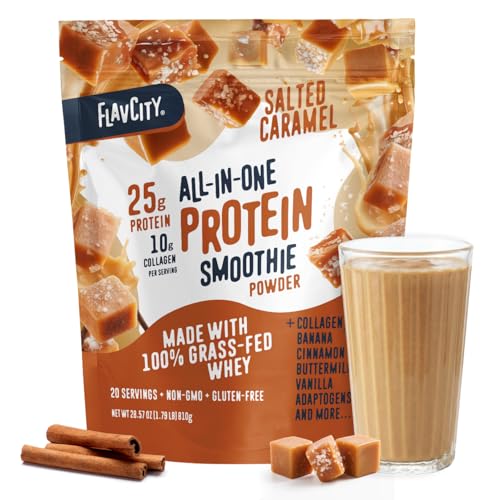 Image of FlavCity All in One Protein Shake Powder, Salted Caramel + Collagen Peptides, Reishi & Cordyceps - Focus, Skin, Hair & Joint Support - 100% Grass Fed Whey, Organic Molasses Extract, 20 Servings