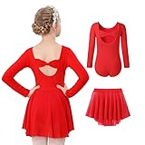 DIPUG Red Long Sleeve Girls Ballet Leotards with Removable Skirt Toddler Hollow Back Dance Dress Combo Size 4t 5t 6 S