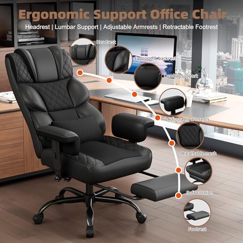 Image of Vonesse Big and Tall Office Chair, Desk Chair with Soft Adjustable Armrests, Ergonomic High Back Gaming Chair with Lumbar Support, Executive Computer Chairs with Footrest (PU Leather, Black)