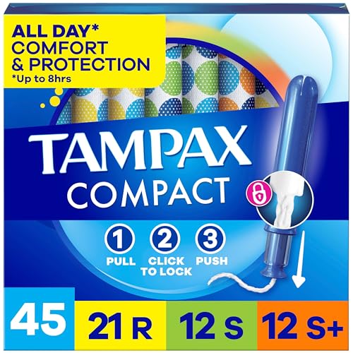 Tampax Compact Pearl Tampons for Women Multipack with LeakGuard Braid & Extendable Applicator Regular/Super/Super Plus Absorbency Compact Extendable Applicator Unscented 45 Count