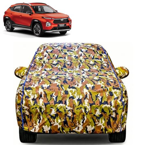 Image of Waterproof Car Body Cover for Toyota Taisor with Mirror Pocket| Cotton Inner Lining | Triple Stitched | All Weather Protection | Dust, UV & Rain Proof (Camouflage with Blue Piping)