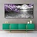 Large Purple Wall Art Decor for Living Room Bedroom Framed Black and White Seascape Full Moon Purple Flower Painting Canvas Picture Modern Hand-Painted Plum Blossom Artwork for Home Office