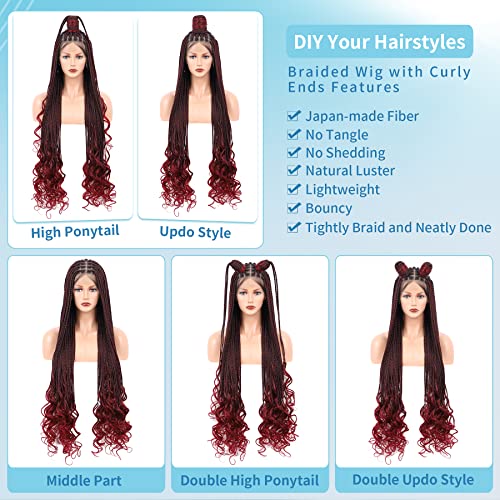 Olymei 38 Inches Full Double Lace Front Knotless Box Braided Wigs With Baby Hair For Women Super Long Braids Wig With Curls Ends Lace Frontal Braid Synthetic Wigs(Burgundy) #TOP4