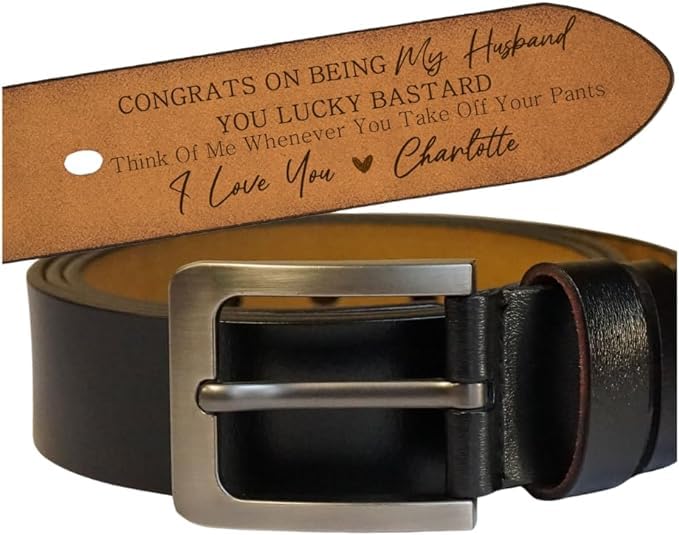 Generic Congrats On Being My Husband You Lucky Bastard, Personalized 2-Sided Engraved Belt for Husband, Wide Black/Brown Leather Belts, Custom Name Belt for Men for Husband, Fathers Day4