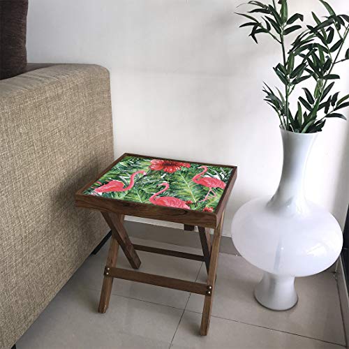 Image of Nutcase Designer Teak Wood Side Table Folding Wooden Bedside Coffee Outdoor Picnic Table - Tropical Flamingoes