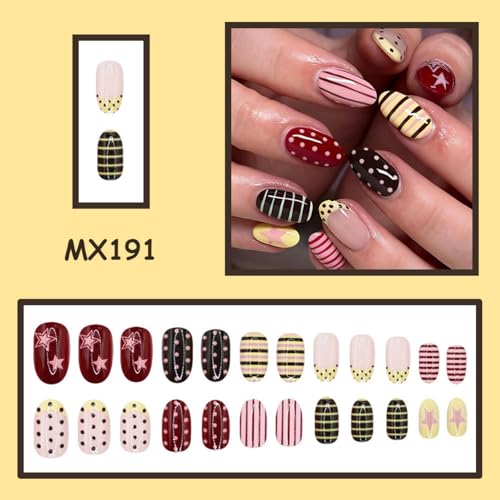 Image of Chocolate Stripe Press on NailsPolka Dot Nail Press ons Medium Oval Fake Nails with Retro Design Reusable Glossy Full Cover Stick on Nail for Women Manicure 24Pcs