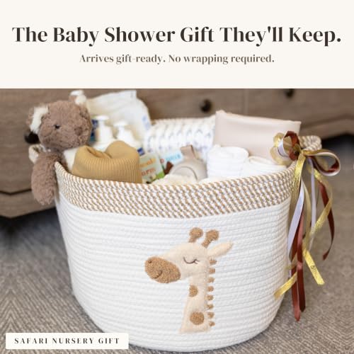 Image of Giraffe Baby Storage Basket, Woven Cotton Rope Nursery Bin, 15x11 in | Stuffed Animal and Blanket Storage, Soft Felt Giraffe Patch, Safari Nursery Decor, Baby Shower, Kids Playroom Organizer