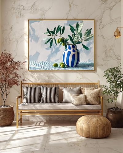 Impression botanique sur toile haut de gamme vase rayé vintage 50x70