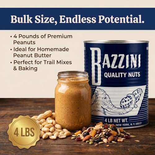 Image of Bazzini Unsalted Jumbo Peanuts 4lb Bulk Tin, Premium Roasted Peanuts with Classic Crunch, No Salt Added, Gluten Free Snack for Parties, Events, and Everyday Snacking