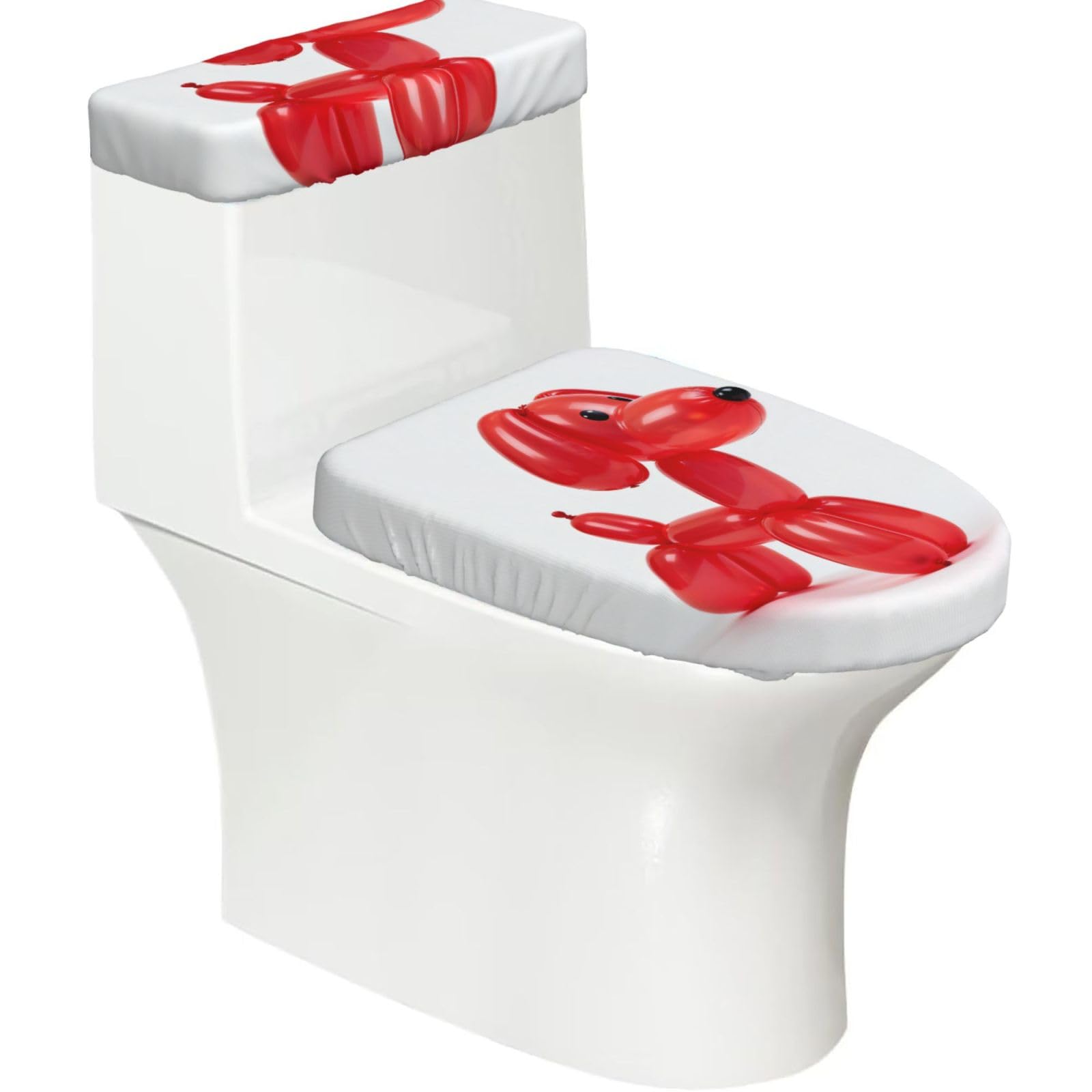 Balloon Dog Red Elastic Toilet Cover Set of 2-Stretchy Lid and Tank Covers for Bathroom, Soft Washable U Shape Toilet Decor