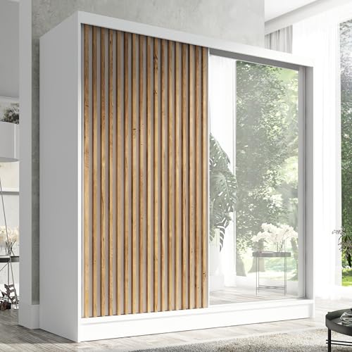 A&J MöbelLand Schwebetürenschrank LINA Kleiderschrank 200 cm mit Spiegel, 3 Schubladen & 3D-Lamellen (Weiß) A&J MöbelLand Schwebetürenschrank LINA Kleiderschrank 200 cm mit Spiegel, 3 Schubladen & 3D-Lamellen (Weiß)