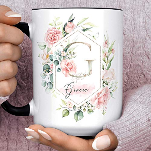 Taza de cerámica personalizada con monograma floral 11 oz miniatura 5