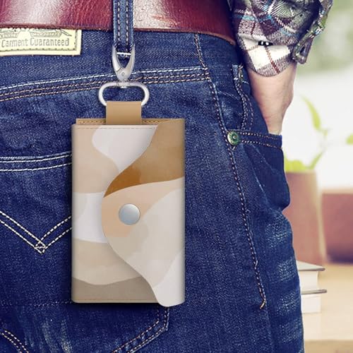Soft Beige And Cream Abstract Shapes Key Holder Bag PU Leather ID Card Holder Keychains Case Cover for Men Women4