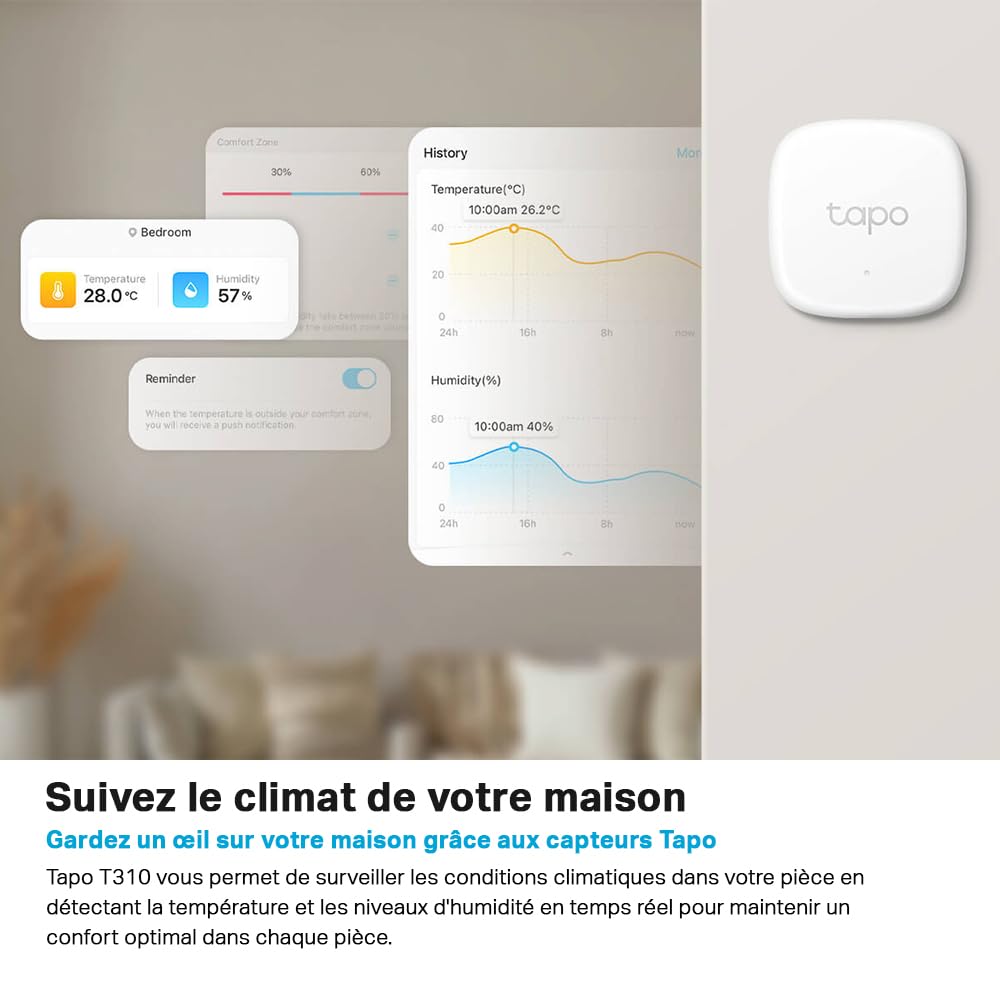 Tapo Détecteur de température et d'humidité connecté Tapo T310 avec Hub, durée de vie de la batterie de 1 an et plus, notification d'application instantanée