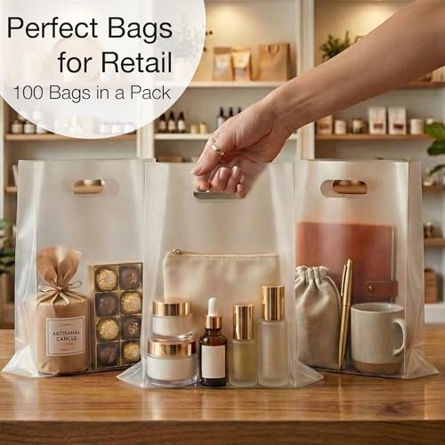 Image of 100 Frosted Clear Plastic Bags With Handles 9x12 Merchandise Bags