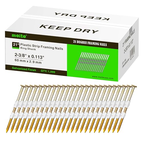 meite 21 Degree Framing Nails 2-3/8-Inch, Full Round Head Galvanized Finish (1,000 Counts) Ring Shank for 20-22 Degree Plastic Collated Framing Nail Guns