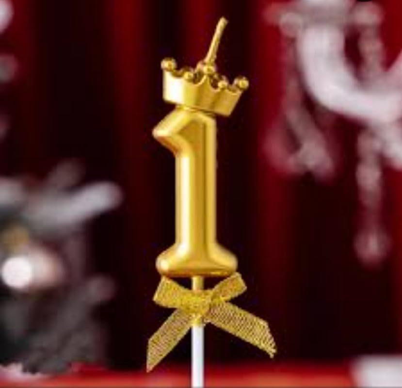 Number 1 Cake Decoration Unscented Wax Candle with Crown for Birthday, Wedding, Engagement, Theme Party, Bachelorette Celebration 1 Pc Gold