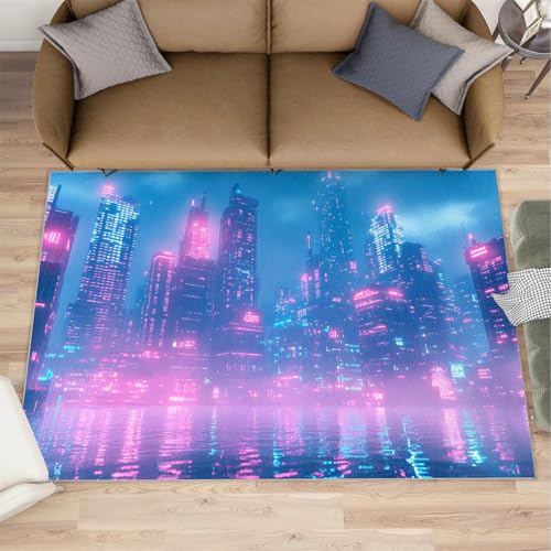 Futuristic City Rugs for Boys Room, Neon Rainy Night Area
