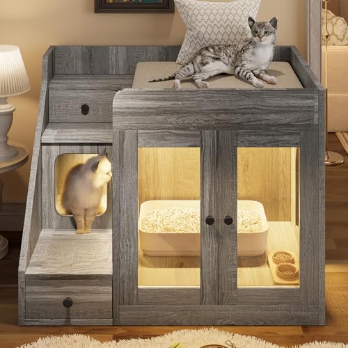 Merax Cat Litter Box Enclosure Furniture with Light,Hideaway Litter Box...