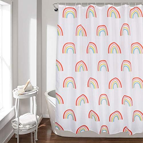 HelloTree Bath Rug and Shower Curtain Set, Microfiber Non Slip Bathroom Rug 19.7"x31.5" and 71"x71" Rainbow Fabric Shower Curtain Set with Free 12 Hooks - Rainbow Pattern