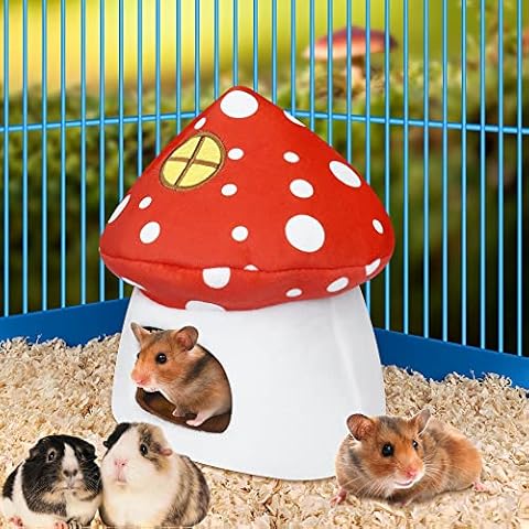 Albefer Guinea Pig Rat Bed House Mushroom Hamster Cage Accessories Small Animal Warm Soft Plush Cave Hideout Toys with Removable Pad for Small Pet Ferret Rats Hedgehog Chinchilla Bearded Dragon Cover
