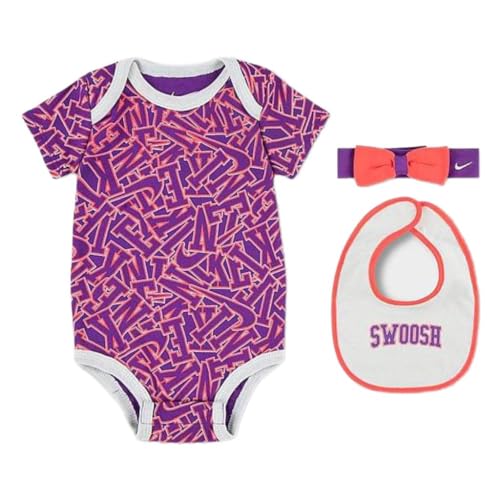 Image of Nike Baby's Bodysuit, Hat and Booties 3 Piece Set (Purple/White, 0-6 Months)