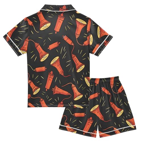 Satin Pajama Sets Short Sleeve Lamp Pattern Print on Black Button Down Silky Nightwear 2 Piece PJS 5-14Y2