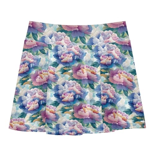 Elegant Peonies Tennis Skirt for Girls with Built-in Shorts Flowy Little Girl Pleated Skirt with Pockets Little Girl Active Skort