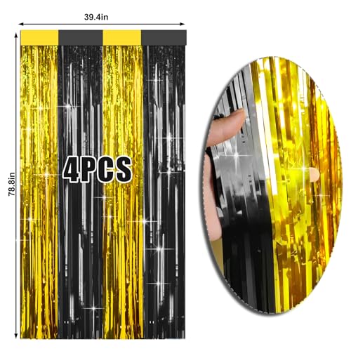Image of 4 Packs Black and Gold Foil Fringe Curtain, Black Gold Metallic Tinsel Backdrop for Birthday, Wedding, Graduation Decorations 2025, Anniversary, Retirement Party Decorations Supplies