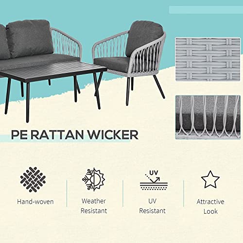 Image of LOCCUS 4 Piece Outdoor Rattan Patio Furniture Set, Garden Sofa Set with 2 Single Chairs, 1 Loveseat & Tempered Glass Coffee Table, All-Weather Wicker Conversation Set with Cushions for Backyard (Grey)